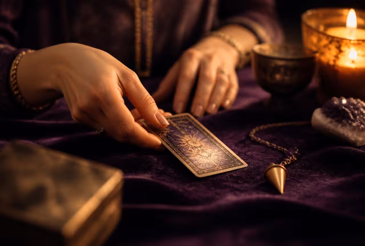 Klarsynt legger et tarotkort på lilla fløyel ved siden av pendel og levende lys