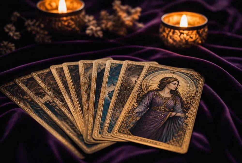 Tarotkort lagt ut på lilla fløyel med ametyster og levende lys
